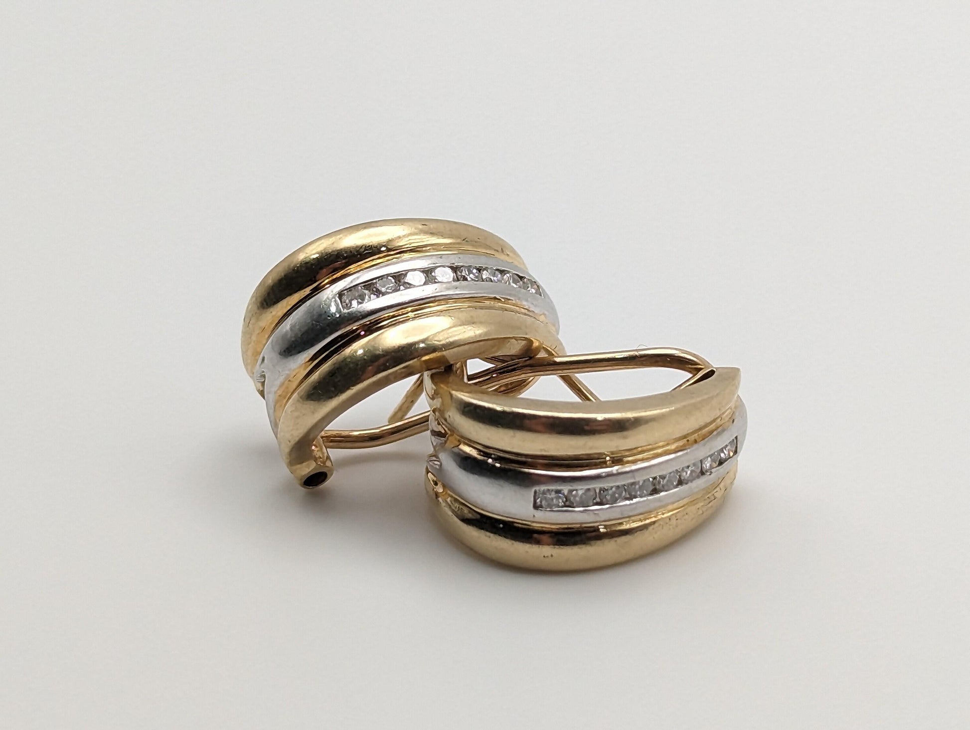 14k White and Yellow Gold Diamond Huggie Earrings 6.5 Gram, 14k Multi Color