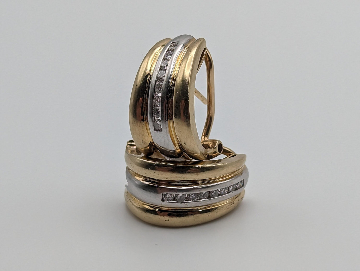 14k White and Yellow Gold Diamond Huggie Earrings 6.5 Gram, 14k Multi Color