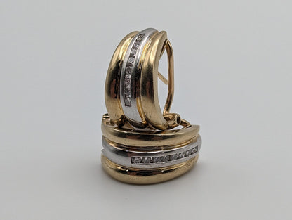 14k White and Yellow Gold Diamond Huggie Earrings 6.5 Gram, 14k Multi Color