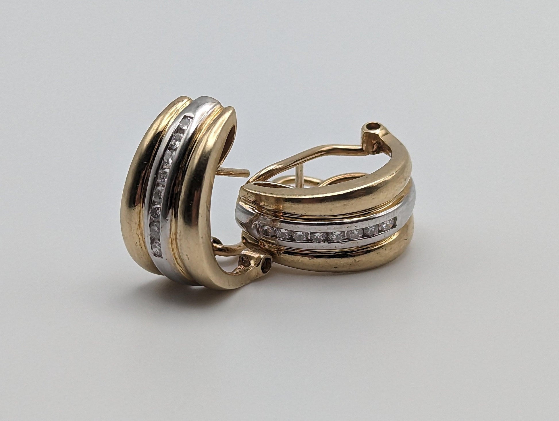 14k White and Yellow Gold Diamond Huggie Earrings 6.5 Gram, 14k Multi Color