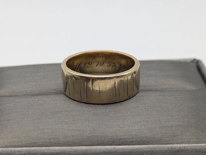 14k Yellow Gold Etched Design 7mm Wide Wedding Cigar Ring Comfort Fit