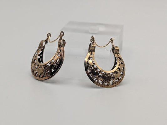 14k Yellow Gold Filigree Heart Love Hoop Earrings Gold Basket Earrings