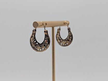 14k Yellow Gold Filigree Heart Love Hoop Earrings Gold Basket Earrings