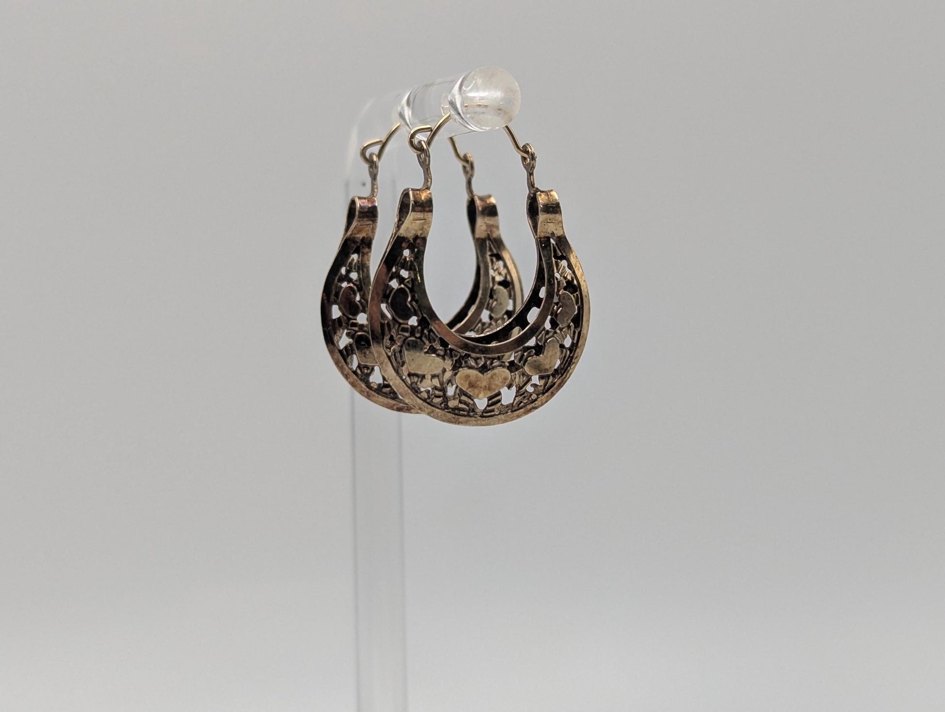 14k Yellow Gold Filigree Heart Love Hoop Earrings Gold Basket Earrings