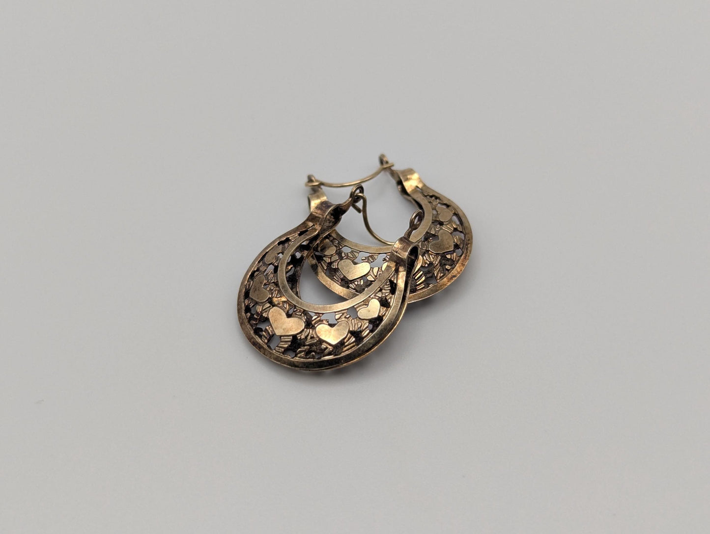 14k Yellow Gold Filigree Heart Love Hoop Earrings Gold Basket Earrings