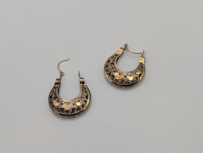 14k Yellow Gold Filigree Heart Love Hoop Earrings Gold Basket Earrings