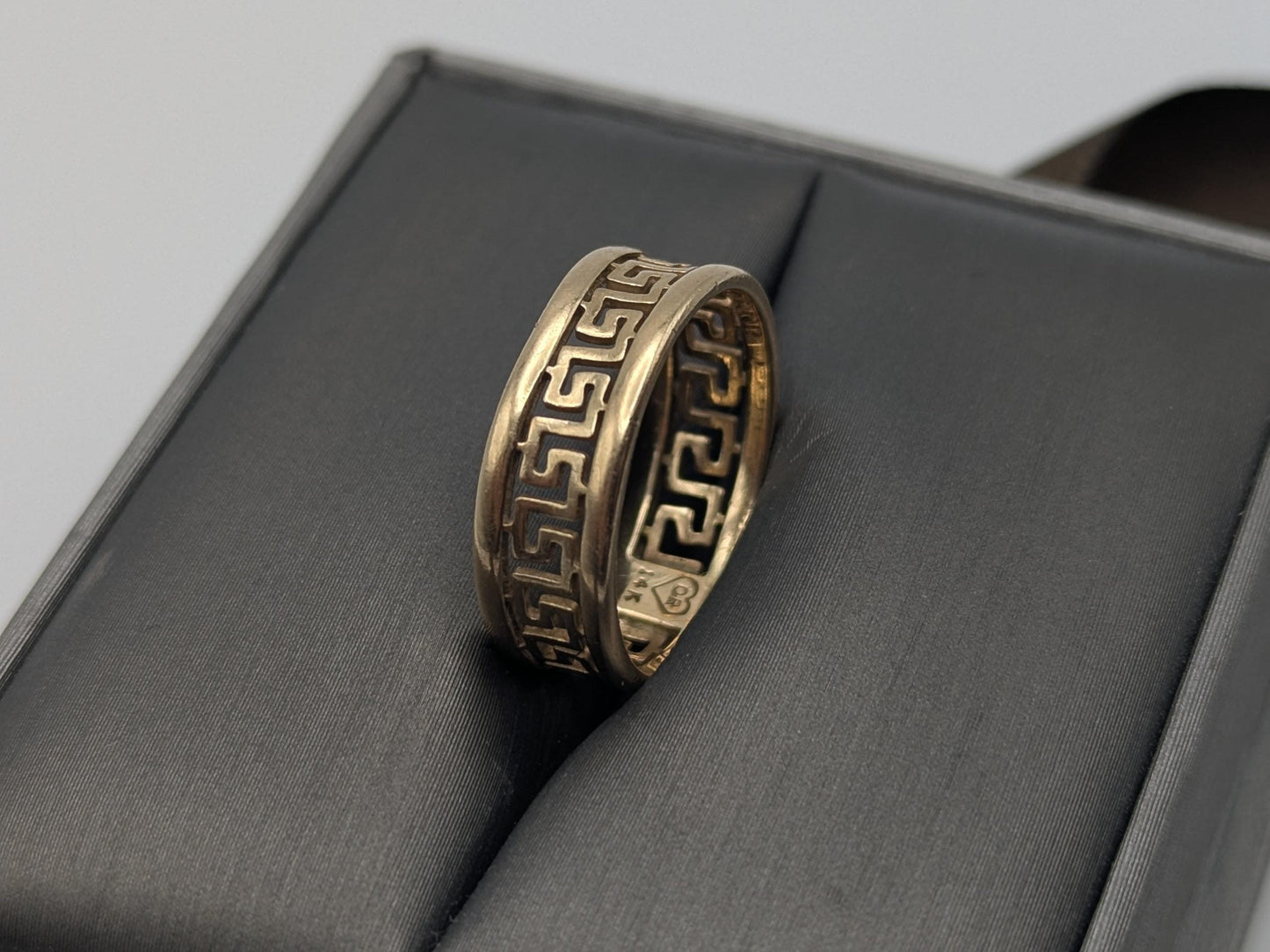14k Yellow Gold Greek Key Design Ring Wedding Cigar Wide Band
