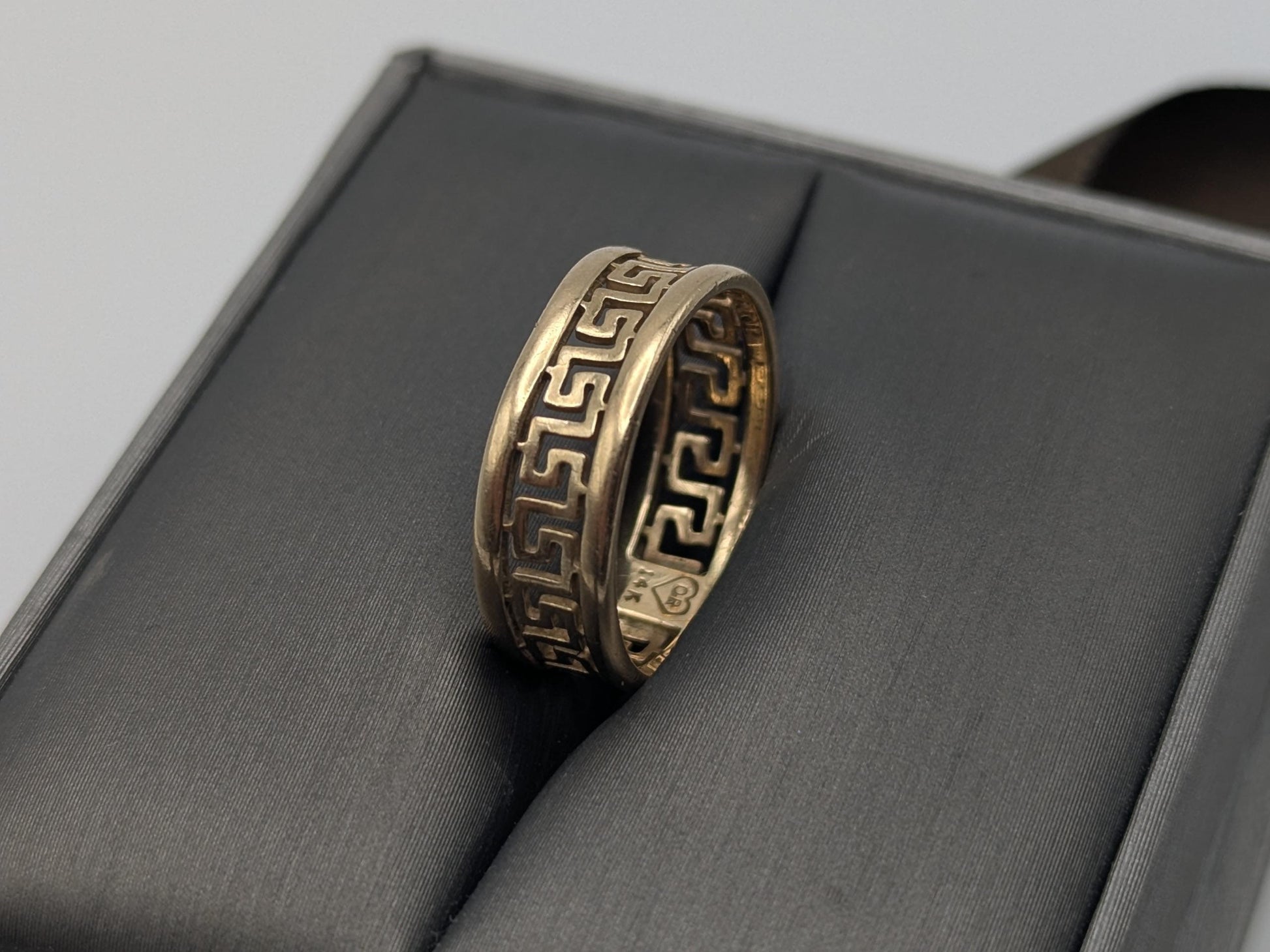 14k Yellow Gold Greek Key Design Ring Wedding Cigar Wide Band
