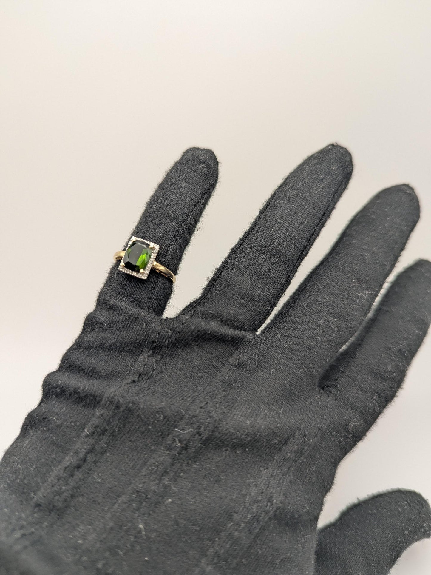 14k Yellow Gold Green Cushion Cut Emerald and Diamond Ring. Cocktail Ring.