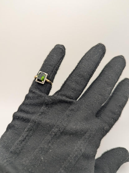 14k Yellow Gold Green Cushion Cut Emerald and Diamond Ring. Cocktail Ring.