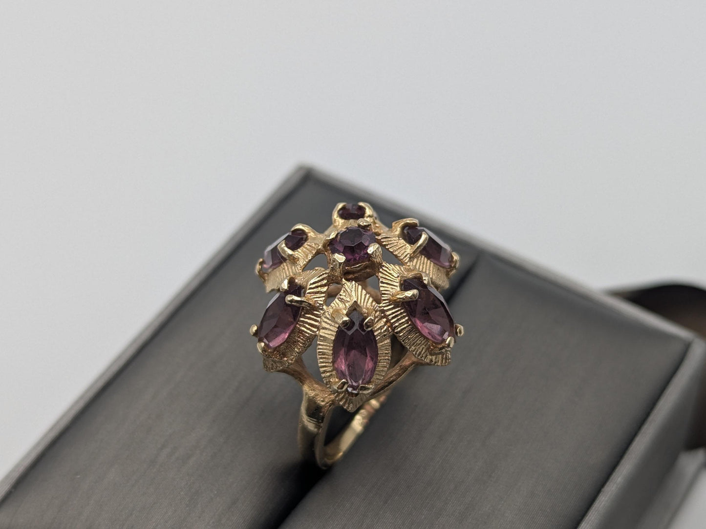 14k Yellow Gold Purple Gemstone Flower Ring Cocktail Statement Band
