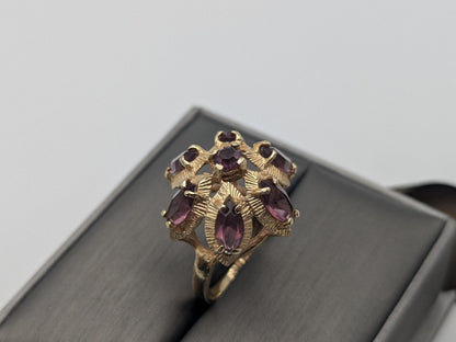 14k Yellow Gold Purple Gemstone Flower Ring Cocktail Statement Band