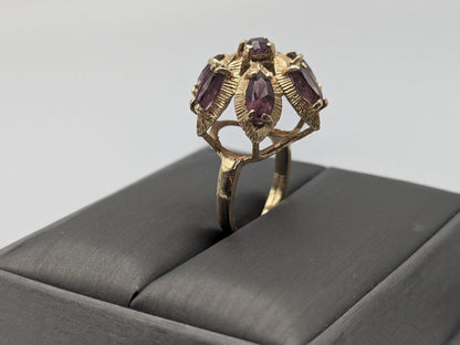 14k Yellow Gold Purple Gemstone Flower Ring Cocktail Statement Band