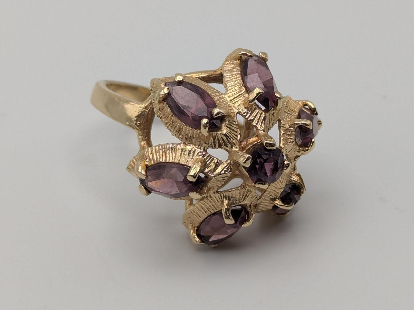 14k Yellow Gold Purple Gemstone Flower Ring Cocktail Statement Band