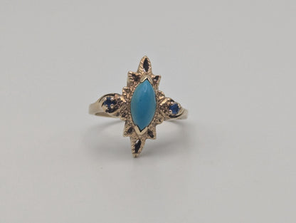 14k Yellow Gold Vintage Turquoise & Spinel Ring Vintage Cocktail Promise Ring