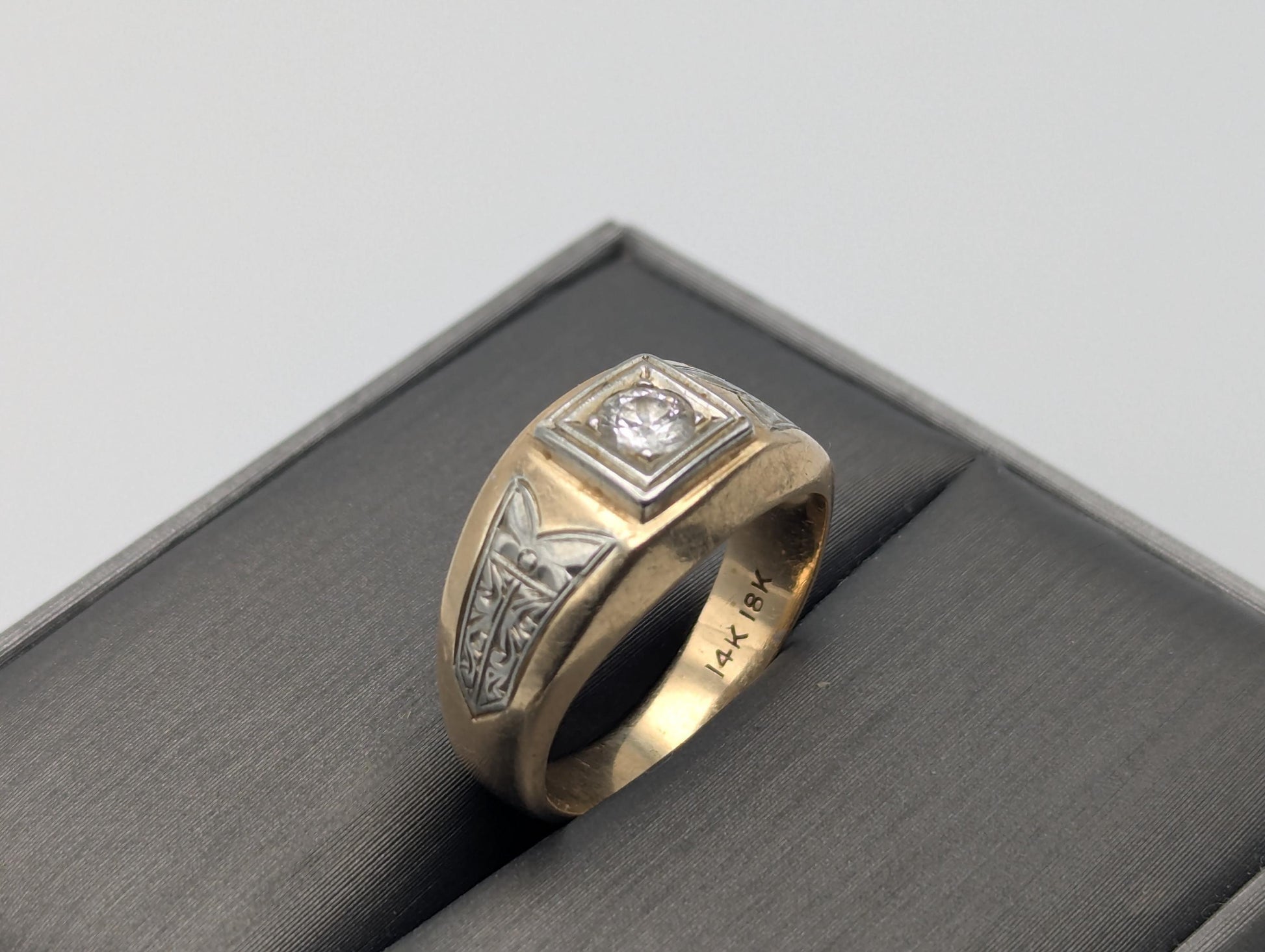 18k 14k Two-Tone Gold .35ct Diamond Mens Wedding Band Signet Ring Pinky Ring