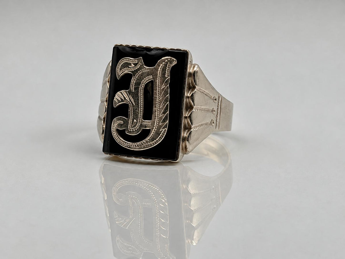 Victorian 10k A or J Letter Monogram Black Onyx Ring Signet Statement Ring.