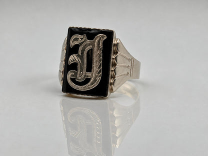 Victorian 10k A or J Letter Monogram Black Onyx Ring Signet Statement Ring.