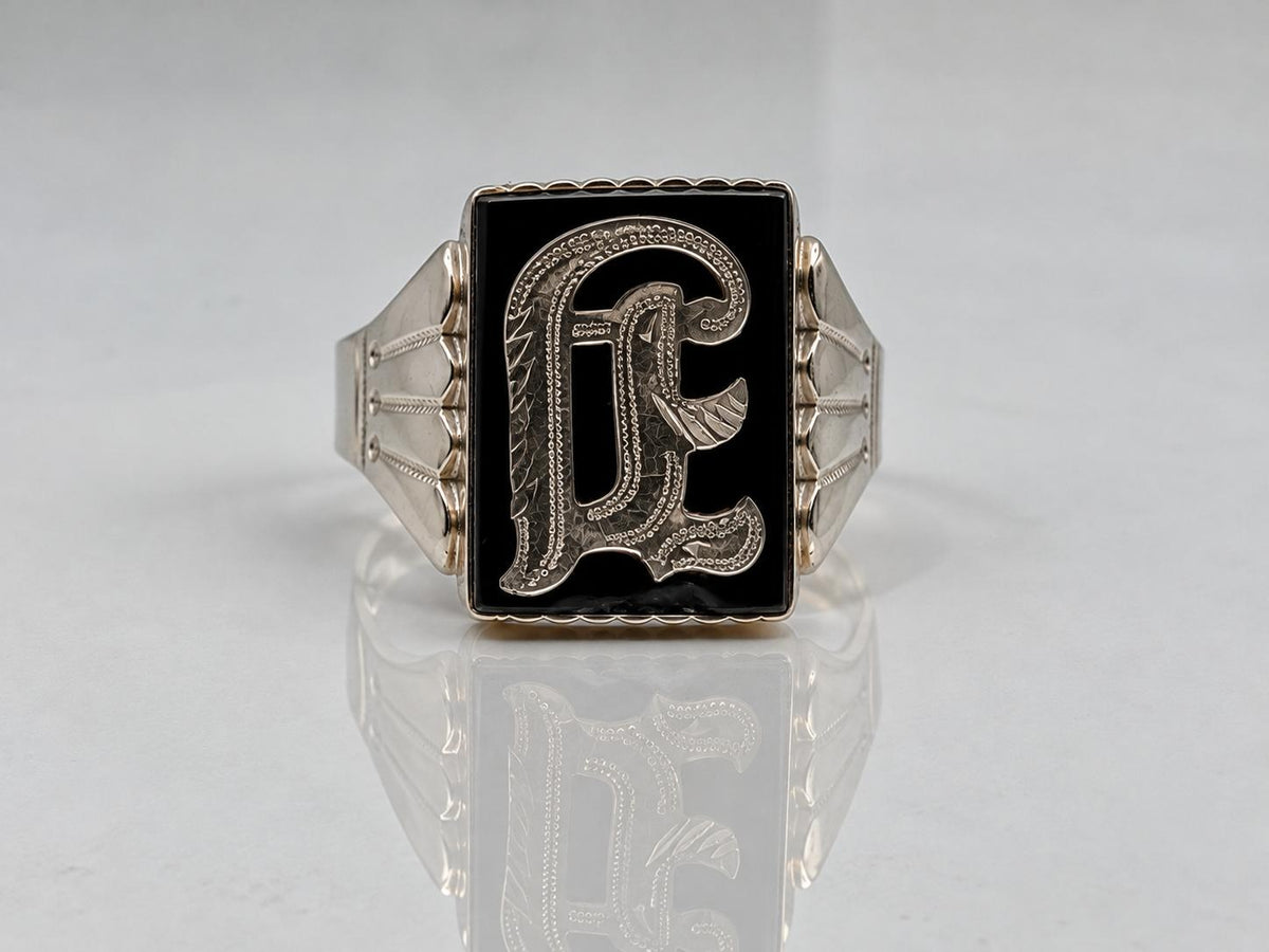 Victorian 10k A or J Letter Monogram Black Onyx Ring Signet Statement Ring.
