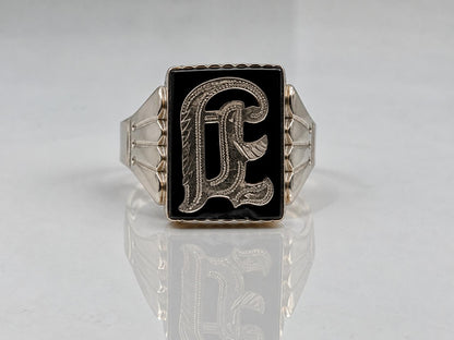 Victorian 10k A or J Letter Monogram Black Onyx Ring Signet Statement Ring.