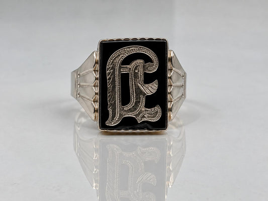 Victorian 10k A or J Letter Monogram Black Onyx Ring Signet Statement Ring.