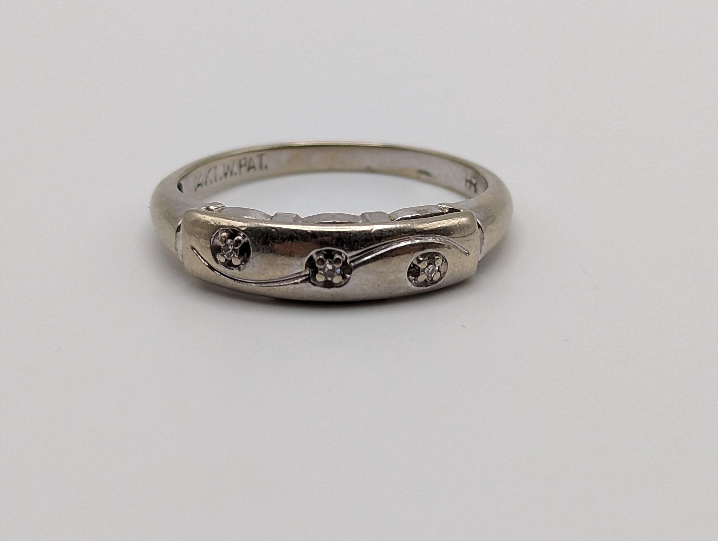 Antique 14k White Gold 3 Diamond Anniversary Band. 14k White Gold Wedding Ring.