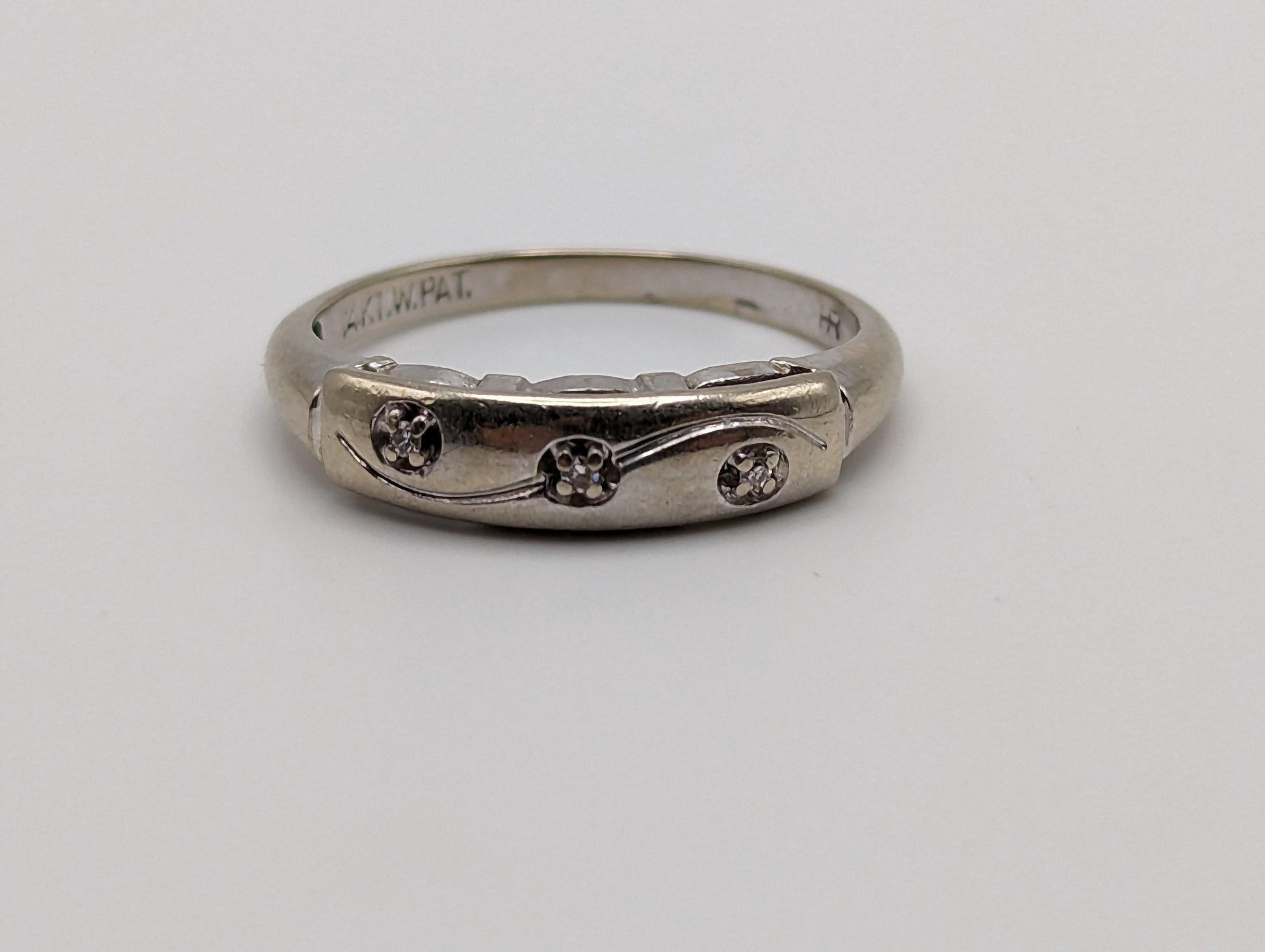 Antique 14k White Gold 3 Diamond Anniversary Band. 14k White Gold Wedding Ring.