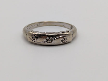 Antique 14k White Gold 3 Diamond Anniversary Band. 14k White Gold Wedding Ring.
