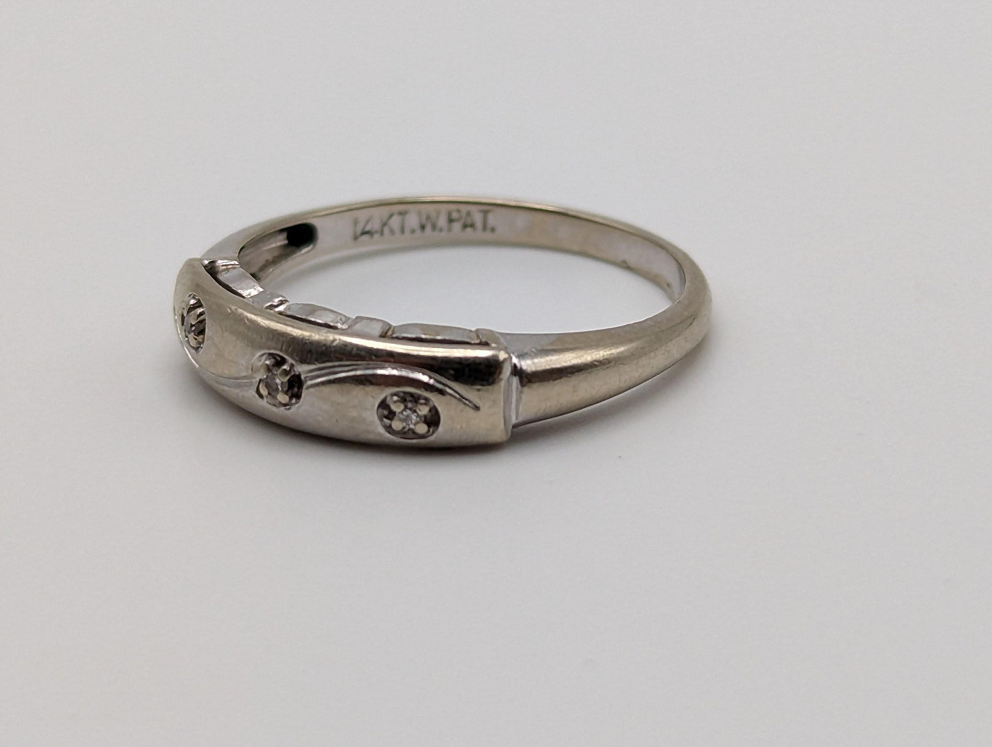 Antique 14k White Gold 3 Diamond Anniversary Band. 14k White Gold Wedding Ring.