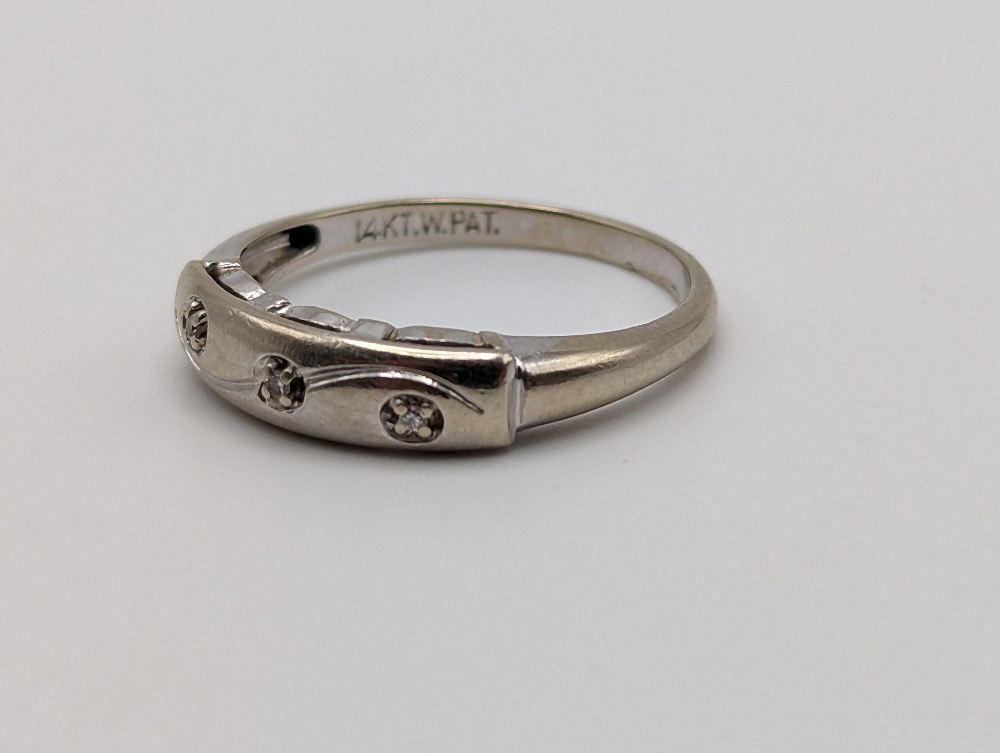 Antique 14k White Gold 3 Diamond Anniversary Band. 14k White Gold Wedding Ring.