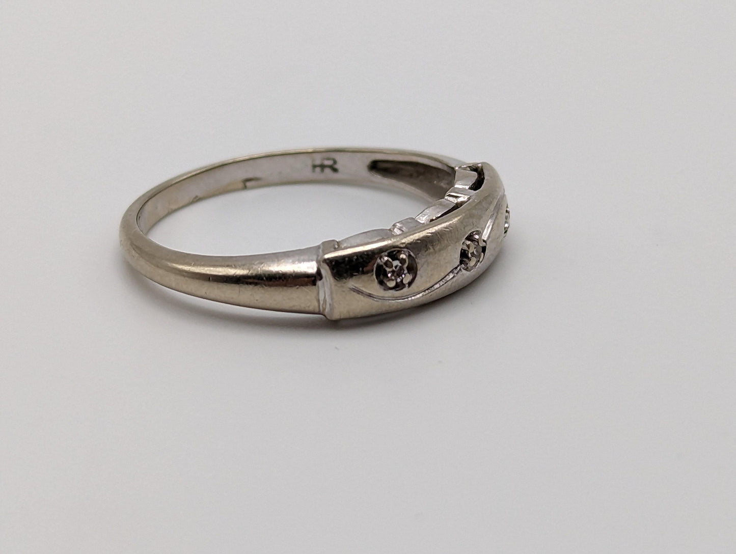 Antique 14k White Gold 3 Diamond Anniversary Band. 14k White Gold Wedding Ring.