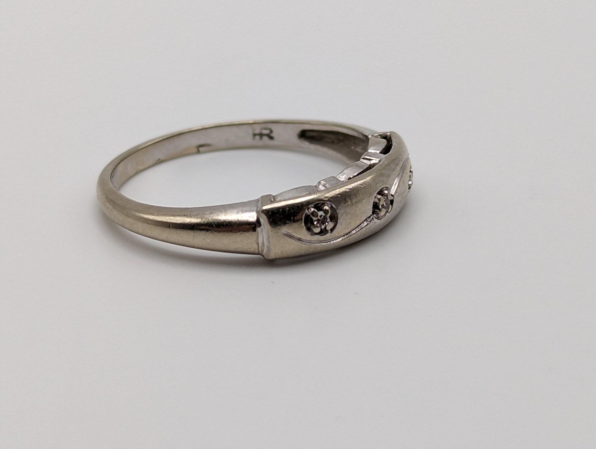 Antique 14k White Gold 3 Diamond Anniversary Band. 14k White Gold Wedding Ring.