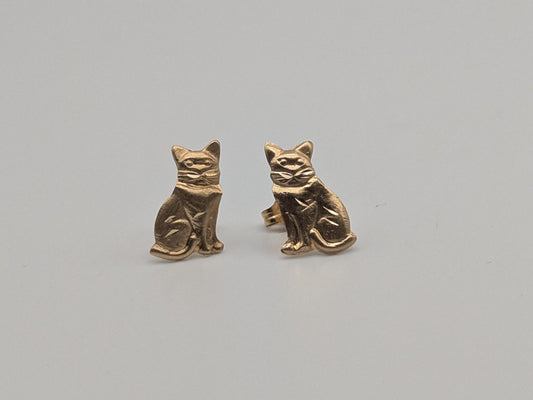Dainty Whimsical Solid Gold 14K Yellow Gold Cat Stud Earrings