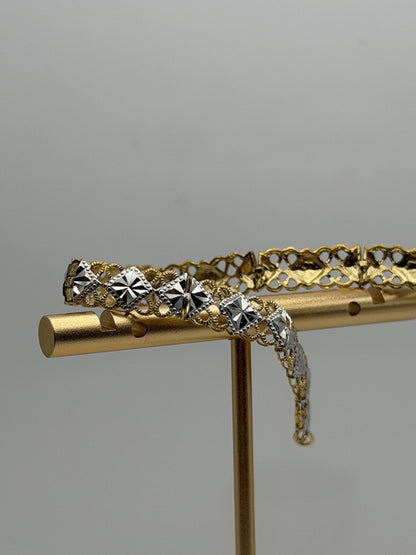 10k Solid Gold Two-Tone Diamond Detailed Cut Link Design Gold Bracelet Chain 7"