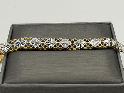 10k Solid Gold Two-Tone Diamond Detailed Cut Link Design Gold Bracelet Chain 7"