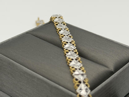 10k Solid Gold Two-Tone Diamond Detailed Cut Link Design Gold Bracelet Chain 7"