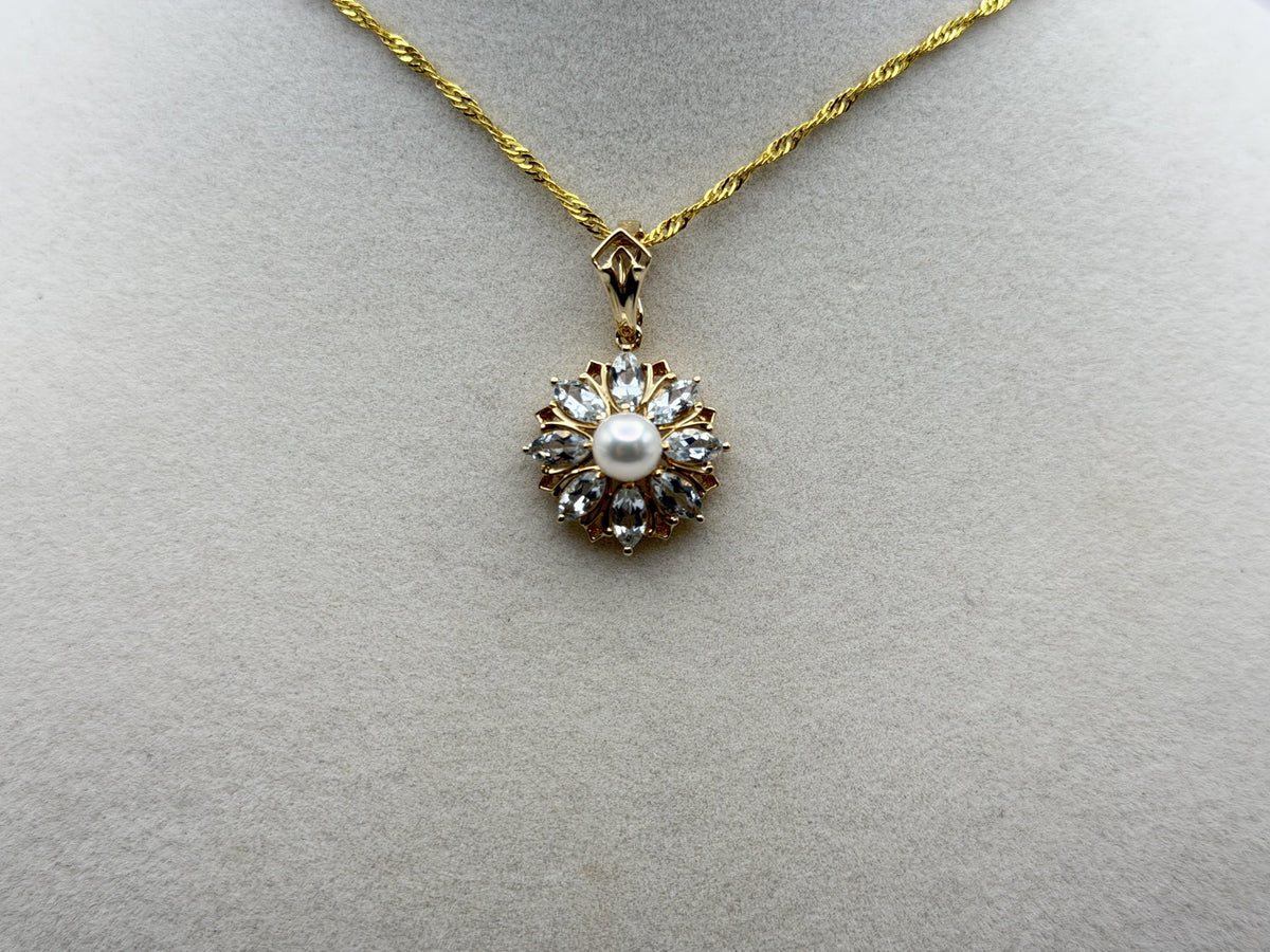14K Gold Pearl & Aquamarine Pendant Vintage Floral Cluster Design