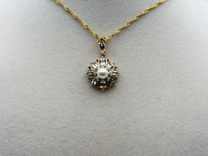 14K Gold Pearl & Aquamarine Pendant Vintage Floral Cluster Design
