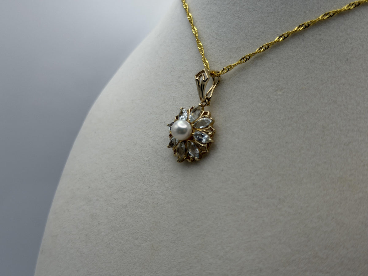14K Gold Pearl & Aquamarine Pendant Vintage Floral Cluster Design