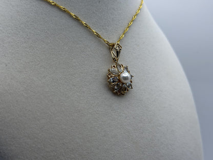 14K Gold Pearl & Aquamarine Pendant Vintage Floral Cluster Design
