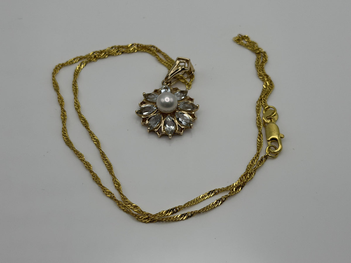 14K Gold Pearl & Aquamarine Pendant Vintage Floral Cluster Design