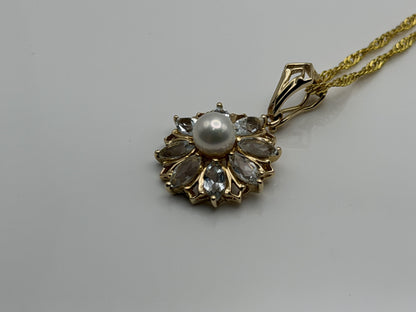 14K Gold Pearl & Aquamarine Pendant Vintage Floral Cluster Design