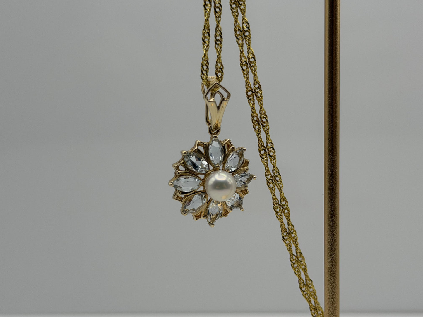 14K Gold Pearl & Aquamarine Pendant Vintage Floral Cluster Design
