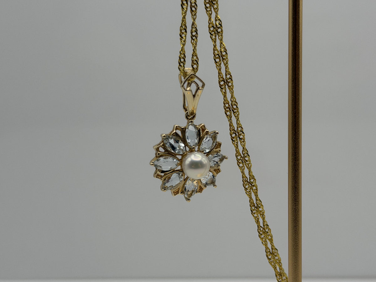 14K Gold Pearl & Aquamarine Pendant Vintage Floral Cluster Design