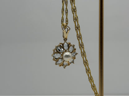 14K Gold Pearl & Aquamarine Pendant Vintage Floral Cluster Design
