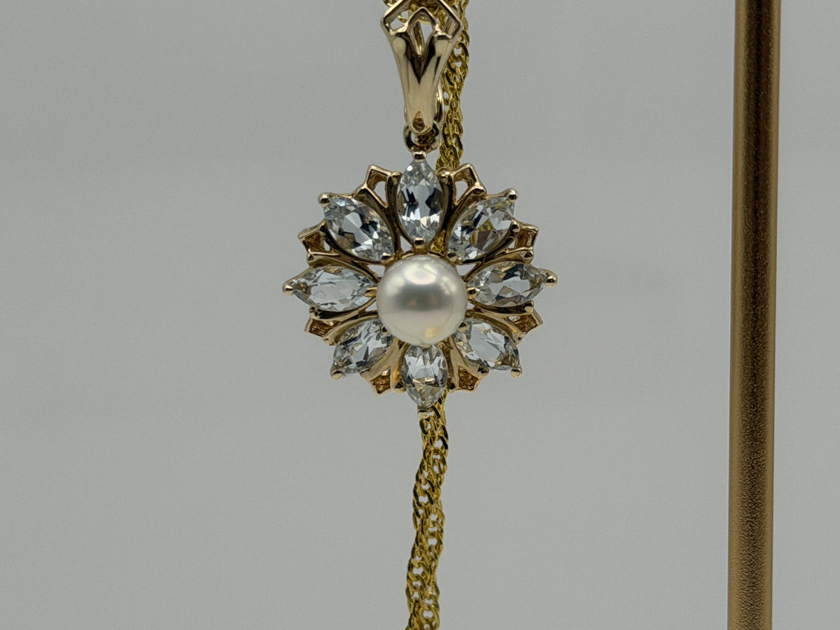 14K Gold Pearl & Aquamarine Pendant Vintage Floral Cluster Design