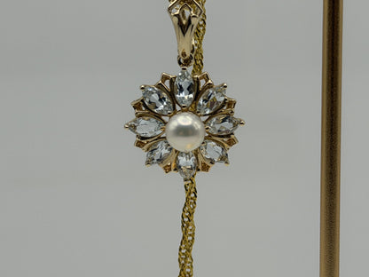 14K Gold Pearl & Aquamarine Pendant Vintage Floral Cluster Design