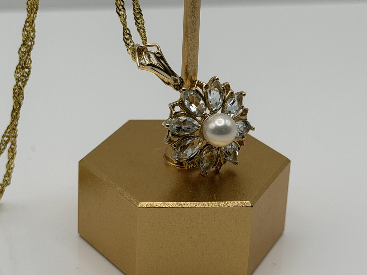 14K Gold Pearl & Aquamarine Pendant Vintage Floral Cluster Design