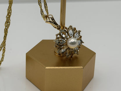 14K Gold Pearl & Aquamarine Pendant Vintage Floral Cluster Design