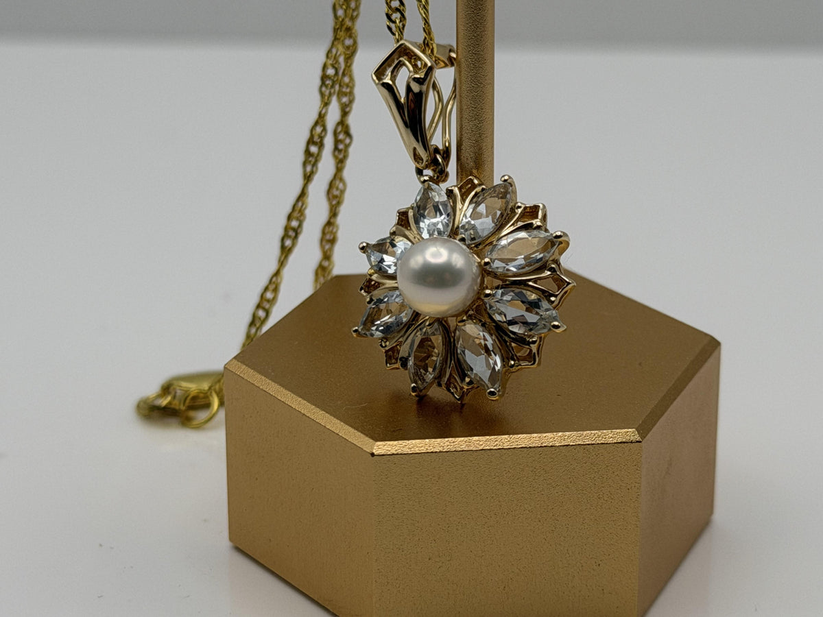 14K Gold Pearl & Aquamarine Pendant Vintage Floral Cluster Design